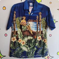 Vintage Mens Hawaiian Tiki Shirt  Size M Chest: 23" (armpit to armpit)  Length: 29" (shoulder to hem) Cotton. Machine Washable. Super nice and retro! Tiki vibes. Blue Retro Hawaiian Shirt With Graphic Print, Retro Blue Camp Shirt With Graphic Print, Fitted Hawaiian Shirt With Graphic Print, Blue Fitted Hawaiian Shirt With Short Sleeves, Blue Tops With Vintage Print And Short Sleeves, Vintage Blue Camp Shirt With Graphic Print, Vintage Blue Graphic Print Camp Shirt, Vintage Blue Tops With Retro Print, Vintage Blue Top With Retro Print