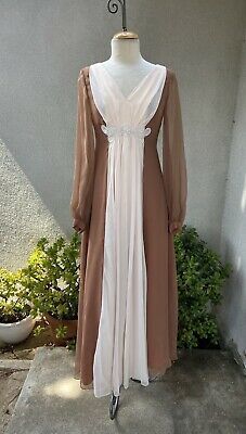 Vintage 70s Emma Domb CA Maxi Chiffon Dress Brown Cream 8 | eBay Vintage Party Chiffon Dress, Fitted Vintage Chiffon Party Dress, Fitted Vintage Chiffon Dress For Party, Flowy Vintage Chiffon Dress, Vintage Chiffon Summer Dress, Vintage Sheer Chiffon Dress, Vintage Chiffon Maxi Dress, Vintage Chiffon Maxi Length Dress, Fitted Vintage Chiffon Maxi Dress