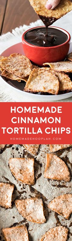 homemade cinnamon tortilla chips on a plate with dipping sauce in the middle and text overlay that reads homemade cinnamon tortillas