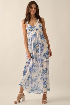 Garden Goddess Floral Chiffon Twist-Back Maxi Dress - ShopPromesa Spring Chiffon Maxi Dress For Beach Wedding, Flowy Sleeveless Maxi Dress For Beach Wedding, Chiffon Maxi Dress For Beach Wedding, Flowy Halter Neck Breezy Maxi Dress, Breezy Halter Neck Flowy Maxi Dress, Flowy Summer Maxi Dress With Crisscross Straps, Bohemian Chiffon Halter Neck Maxi Dress, Elegant Beach Maxi Dress With Crisscross Straps, White Chiffon Halter Neck Maxi Dress