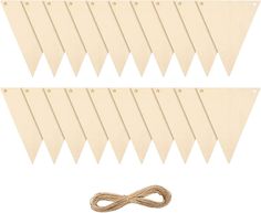 wooden bunting flags with rope on each side and two pieces of string attached to them