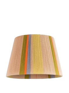 a wooden lamp shade with multicolored stripes on it