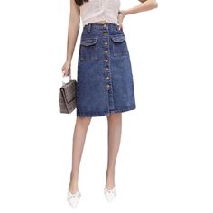 Fashion women's jeans skirt online. Cool denim skirt from the 2022 Spring-Summer collection. Fashionable style clothes help to look modern and attract the attention of others. Blue denim is the most popular denim color, practically suits all other clothes. An unrubbed pattern design provides a more sleek look. The midi-length fit type hem usually falls just below the knees or rises a couple of inches above the ankle. Highrise denim will elongate your legs and make your trunk appear more proporti Jean Skirt With Buttons, Cool Denim, Jeans Skirt, Denim Patterns, Skirt Fits, Skirts Online, Sleek Look, Colored Denim, Jean Skirt