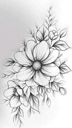 a black and white drawing of flowers