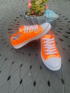 Hand Glittered unbranded canvas sneakers glittered in a gorgeous orange chunky glitter.  Made to order.  Glitter is high quality and heat set for minimal glitter loss and lasting quality, though, you may see glitter shedding the first time you wear/try on your shoes.  Although we aim to remove every loose piece of glitter prior to shipment, the shipping process s well as putting them on and adjusting the laces can disrupt the glitter and cause some to flake. This is normal for the first wear or Sneakers For Wedding, Mom Sneakers, Diy Glitter Shoes, Bedazzled Shoes, Diy Sneakers, Funky Shoes, Orange Glitter, Bling Shoes, Orange Shoes