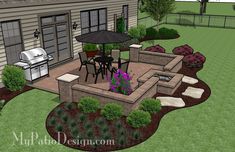 an outdoor patio with seating and grill area