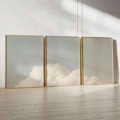 three paintings hanging on the wall in an empty room with wooden floors and white walls