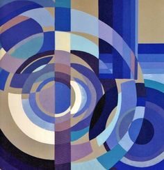 an abstract painting with blue and white circles