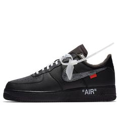 The Nike OFF-WHITE x Air Force 1 Low '07 'MoMA' is a limited-edition sneaker designed by Virgil Abloh. It was unveiled at Art Basel Miami Beach in 2016 and released in January 2018 to celebrate MoMA's ‘Items: Is Fashion Modern?' exhibition. The sneaker features a black leather upper with a metallic Swoosh, an orange tag, and translucent zip tie. White lettering on the side-panel completes the look. The chunky foam tongue, white laces with black "SHOELACES" branding, and black midsole with white Nike Modern Custom Sneakers With Vulcanized Sole, Modern Nike Custom Sneakers With Vulcanized Sole, Nike Custom Sneakers With Vulcanized Sole, Modern Exhibition, White Air Force 1, Nike Off White, Art Basel Miami, Limited Edition Sneakers, Zip Ties