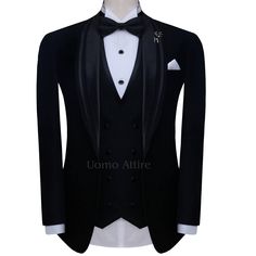 Double piping wedding tuxedo three piece suit, black tuxedo suit, black tuxedo suit with double piping shawl lapel and double breasted black vest and black tuxedo tie Slim Fit Wedding Sets, Tailored Tuxedo Suit For Groom, Groom's Tuxedo Suit, Tuxedo Sets With Suit Collar For Wedding, Tuxedo Style Wedding Sets With Suit Collar, Groom's Tuxedo Suit In Suiting Fabric, Wedding Tuxedo Sets With Suit Collar, Groom's Tuxedo Suits In Suiting Fabric, Tailored Tuxedo Blazer For Wedding