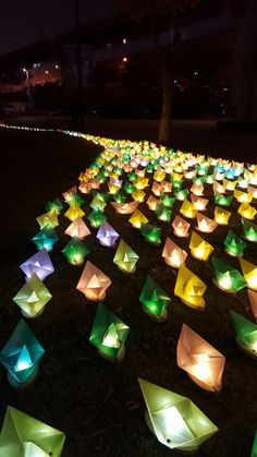 many small paper boats are lit up in the grass at night with lights on them