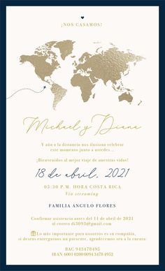 a white and blue wedding card with the world map in gold foil on it's front