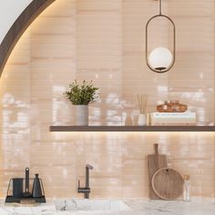 a kitchen with marble counter tops and wooden shelves on the wall next to a sink