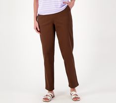 It's back! The OG waist pull-on pants you fell in love with from Denim & Co.® (and never stopped loving!) return in a soft cotton/spandex blend (for stretch!) in core colors. This is the pocketed pair you'll live in. From Denim & Co.® Fashions. Mid-rise Brown Bottoms For Everyday, Everyday Brown Tapered Leg Bottoms, Mid-rise Pull-on Pants For Everyday, Everyday Mid-rise Pull-on Style Pants, Non-stretch Tapered Leg Pants For Everyday, Brown Relaxed Fit Pull-on Pants, Everyday Brown Straight Pants, Straight Leg Comfort Stretch Bottoms, Pull-on Comfort Stretch Cropped Pants