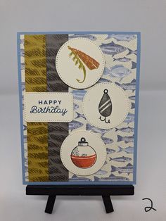 a happy birthday card with an assortment of different things on it, including a fishing theme