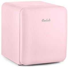 a pink refrigerator freezer sitting on top of a white counter