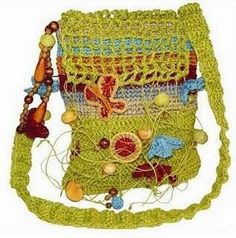 a crocheted purse with many different items on the front and back straps,