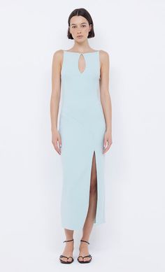 MARIELLE SPLIT DRESS - MIST Elegant Stretch Midi Dress With Cutout, Structured Midi Dress For Party, Fitted Maxi Dress With Cutout For Formal Occasions, Fitted Midi Dress With Cutout Details, Chic Elastane Midi Dress For Gala, Fitted Cutout Midi Dress, Sleeveless Crepe Midi Dress For Formal Occasions, Sleeveless Crepe Midi Dress For Formal Events, Elegant Fitted Maxi Dress With Cutout