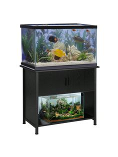 an aquarium with fish and plants in it on top of a stand next to a white wall