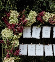 the seating cards are placed on top of each other in front of flowers and greenery