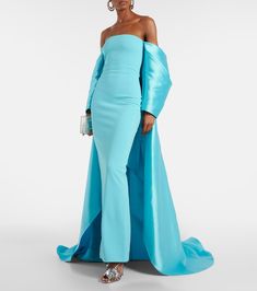 Kyla caped twill and crêpe gown in blue - Solace London | Mytheresa Fitted Pre-draped Evening Dress With Cape Sleeves, Evening Blue Maxi Dress With Draped Sleeves, Blue Maxi Dress With Draped Sleeves For Evening, Fitted Cape Evening Dress For Gala, Fitted Cape Maxi Dress For Wedding, Wedding Cape Maxi Dress Fitted, Elegant Blue Maxi Dress With Cape Sleeves, Formal Fitted Cape Evening Dress, Formal Cape Evening Dress Fitted