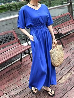 Casual V-neck Maxi Dress With Elastic Waistband, V-neck Maxi Dress With Pockets For Work, Blue V-neck Maxi Dress With Elastic Waistband, Casual Blue Maxi Dress With Elastic Waistband, Cheongsam Top, Long Pant Jumpsuit, Yoga Jumpsuit, Cotton Camisole, Cotton Jumpsuit