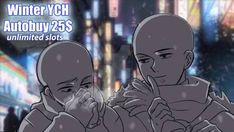 two men standing next to each other in front of a cityscape with the words winter vch autobuy 25