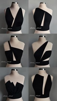 four different views of the back of a black dress with one shoulder cut out, and three