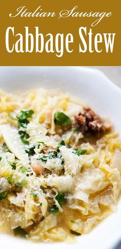 an italian sausage and cabbage stew is served in a white bowl with parmesan cheese