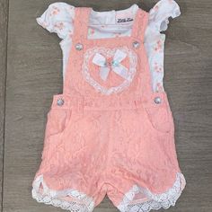 Little Lass - Baby Girl Lace Overalls Set Size: 3m Color: Peach/Pink New! Never Worn! Pink Sweet Short Sleeve Set, Sweet Pink Short Sleeve Set, Cute Pink First Birthday Sets, Lace Overalls, Anime Dragon Ball Super, Peach Pink, Anime Dragon Ball, Dragon Ball Super, Matching Sets