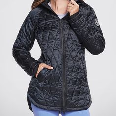 Size 2xl New Without Tags Diamond-Quilted Fabric With Lightweight Polyester Fill Open Hand Welt Pockets With Fleece Lining Zipper Garage At Neck Edge For Comfort Fabric Features Breathable, Lightweight, Water Repellent Composition 55% Polyester, 45% Nylon Sporty Long Sleeve Quilted Jacket For Fall, Nylon Athleisure Outerwear For Cold Weather, Athleisure Nylon Outerwear For Cold Weather, Fitted Athleisure Outerwear For Cold Weather, Versatile Nylon Long Sleeve Outerwear, Quilted Hooded Sports Outerwear, Quilted Hooded Outerwear For Sports, Sporty Stretch Outerwear For Cold Weather, Sporty Long Sleeve Quilted Jacket For Outdoor