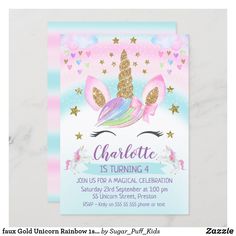 a unicorn birthday party with rainbows and stars on the front, including an image of a