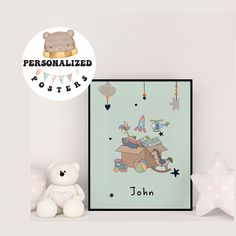 a personalized children's poster with a horse on it and a teddy bear next to it