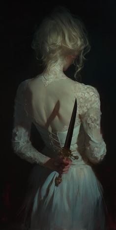 a painting of a woman in white holding a knife with her back to the camera