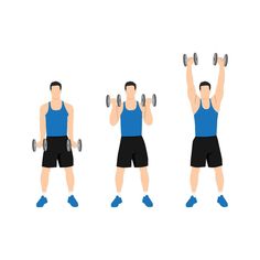 a man lifting two dumbbells in three different positions