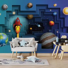 a living room filled with furniture and space themed wallpaper