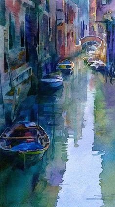 watercolor painting of boats on a canal in venice, italy