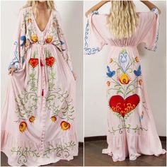 Boho Embroidered Hearts Magic Floral Birds Long Maxi Kimono Dress Resort Summer Hearts Magic Tweed Wedding Guest Festival Date Night Cruise Bohemian Vintage Flirty Hippie Bohemian Chic Trendy Maxi Coverup Beach Tropical Vacation Coachella Dress Vintage Skirt Floral Maxi Midi Ethereal Aurora Spring Boho Hippie 60’s 70’s Beachy Western Pool Coachella Winter Fall Birthday Gift Resort Bohemian Girly Trendy Date Night Minimalist Y2k 00s Guest Engagement Party Bachelorette Cruise Travel Western Aesthe V-neck Dress With Multicolor Floral Embroidery, V-neck Dress With Intricate Multicolor Embroidery, Pink Fitted V-neck Embroidered Dress, Fitted Pink V-neck Embroidered Dress, Spring V-neck Maxi Dress With Multicolor Embroidery, Bohemian Maxi Dress With Floral Embroidery For Wedding, Flowy V-neck Embroidered Dress, Printed Maxi Dress For Spring Wedding, Embroidered V-neck Maxi Dress For Wedding