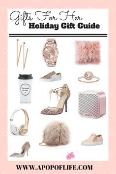 the gift guide for holiday gifts is displayed on a white background with pink and gold accents