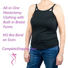 Modest mastectomy camisole or tank top in a cut-out style all-inclusive with built-in lightweight breast prostheses, so no need to purchase additional breast forms. No mastectomy bra band or heavy elastics across chest, just smooth fabric against mastectomy scars. No visible seams across the front. Adjustable straps for perfect placement. Prosthetics don't ride up as they are sewn into the garment. Stretch fabric with easy step-in entry. Super soft, moisture wicking, for all day wear. Bra Sewing Pattern, Bra Sewing, Adaptive Clothing, Tank Top Camisole, Shelf Bra