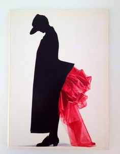 a black and red silhouette of a woman in a long dress with a hat on her head