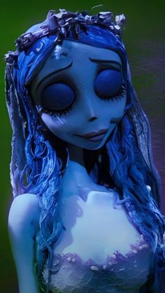 a creepy doll with blue hair and eyes