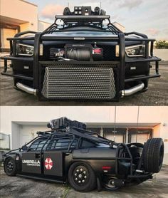 two different views of the front and back of a black car with its lights on