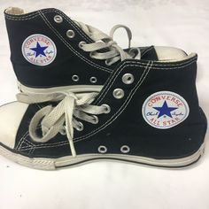 Converse All Stars Chuck Taylor High Top Sneakers They are black canvas with a white rubber toe.   Tagged Size: 2 Condition: These shoes are in good condition. The fabric is very clean.  The white rubber part of the shoe has lots of marks from use.  Rubber part of the toes of shoes have marks from use.  Very little wear on bottom of shoes.  The shoe laces are worn.  Please look at pictures carefully for the condition. We are human and sometimes we do make mistakes.  We strive to make your eBay e Converse For Kids, Sarah Andersen, Gray Leather Shoes, All Star Black, Converse Aesthetic, High Top Tennis Shoes, Boys Converse, Converse Classic, Chuck Taylor Shoes