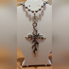 Handmade Flame Cross Charm On Big Ball Bead Chain Necklace. Stainless Steel. New Bead Chain Necklace, Big Balls, Bead Chain, Cross Charms, Handmade Accessories, Beaded Chain, Handmade Silver, New Color, Chain Necklace