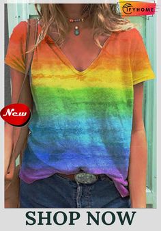 Women Casual Cotton-blend Rainbow Color-block V Neck T-shirt Tie Dye, Dye, Rainbow, V Neck, T Shirts, T Shirt