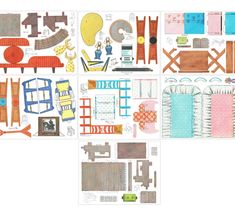 four different paper cut outs with various furniture and decor items on them, all in pastel colors