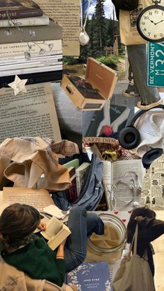 a collage of books, hats and other items on a table with a clock in the background