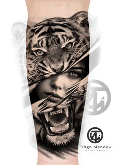 a woman with a tiger tattoo on her leg and the face of a tiger behind her