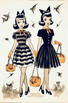 two girls dressed in halloween costumes holding pumpkins and bats with bats flying above them